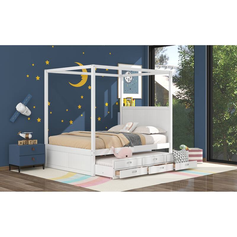 Queen Size Pine Wood Canopy Bed Floor Platform Bed with Extra Twin Trundle / 3 Storage Drawers