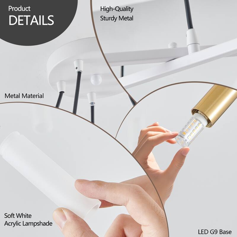 Modern Chandelier with Frosted Tubes, Black Cords, for Dining Room, Living Room and Kitchen Island, Bulb Not Included