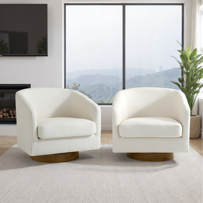 2 Set Modern Wide Round Swivel Accent Barrel Chairs - Cotton Linen - Beige-Set of 2