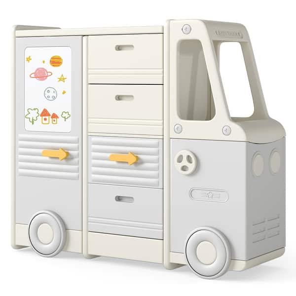 slide 2 of 9, Gymax Kids Toy Storage Organizer w/4 Pull-out Drawers & Handles Large Beige, Grey