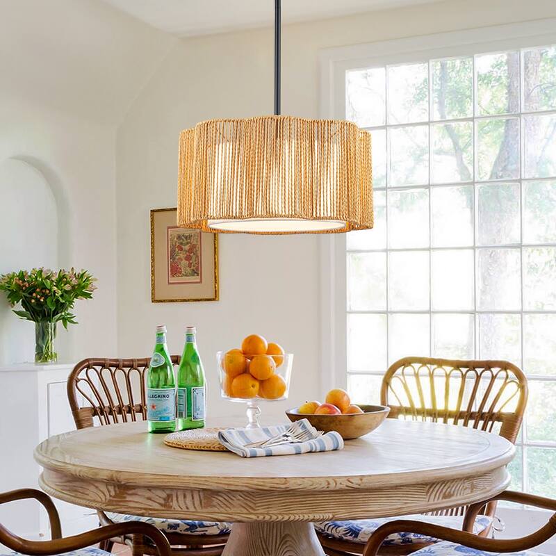 Farmhouse 1-Light Drum Pendant Light with Woven Shades - Black