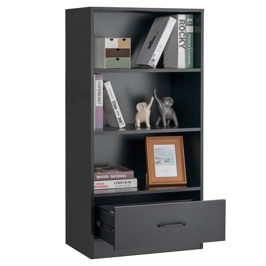48 Inch Tall 4 Tiers Wood Bookcase with Drawer - 24" x 15" x 48"