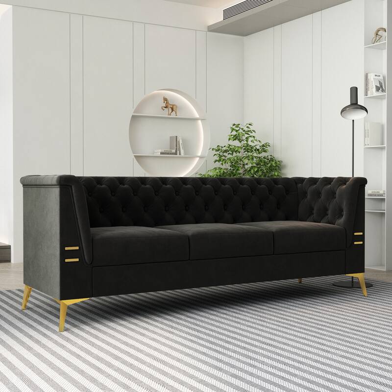 82'' Modern Velvet 3-Seater Couch with Tufted Design and Gold Metal Legs
