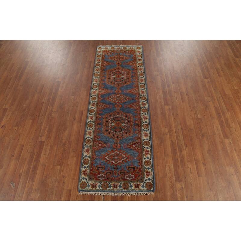 Blue Geometric Khotan Indian Runner Rug Hand-Knotted Wool Carpet - 2'8"x 7'10"