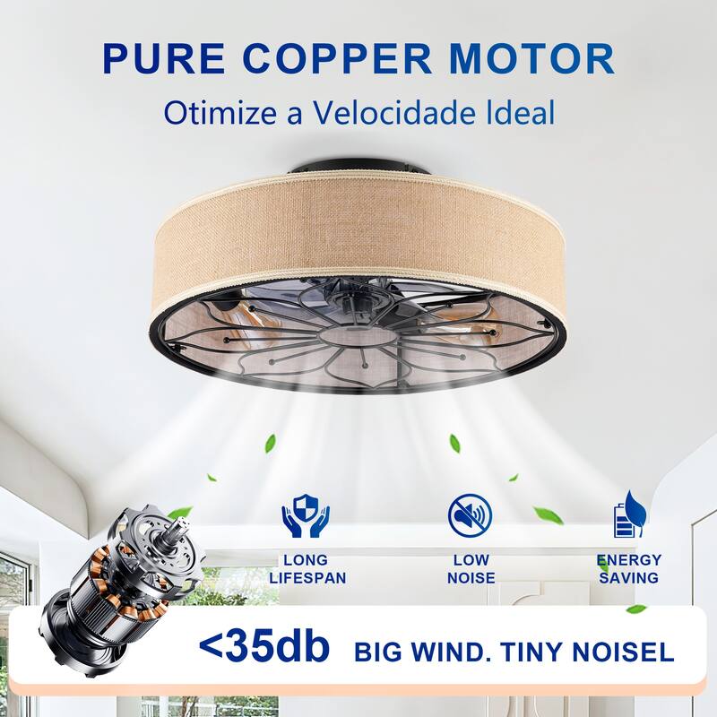 20" Lotus Design Fabric Farmhouse Bladeless Ceiling fan With Remote Control For Living room, Bedroom,Kitchen