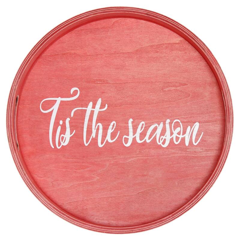 HomeRoots 14" Red And White Tis The Season Round Serving Tray With Handles - 13.75 in. x 1.65 in. x 13.75 in.