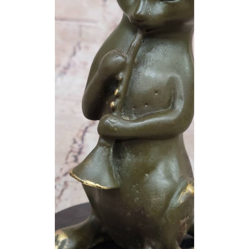 Whimsical Imitative Cat Playing Clarinet Bronze Sculpture On Marble Base