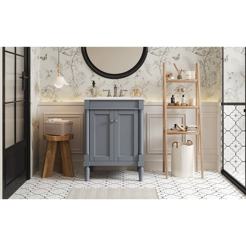 24'' Bathroom Vanity With Top Sink, 2-Tier Modern Bathroom Storage Cabinet, Single Sink Bathroom Vanity, Large Storage Shelves