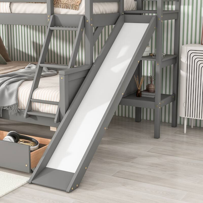 Twin over Full Bunk Bed with Solid Slats, Detachable Wood Beds Frame
