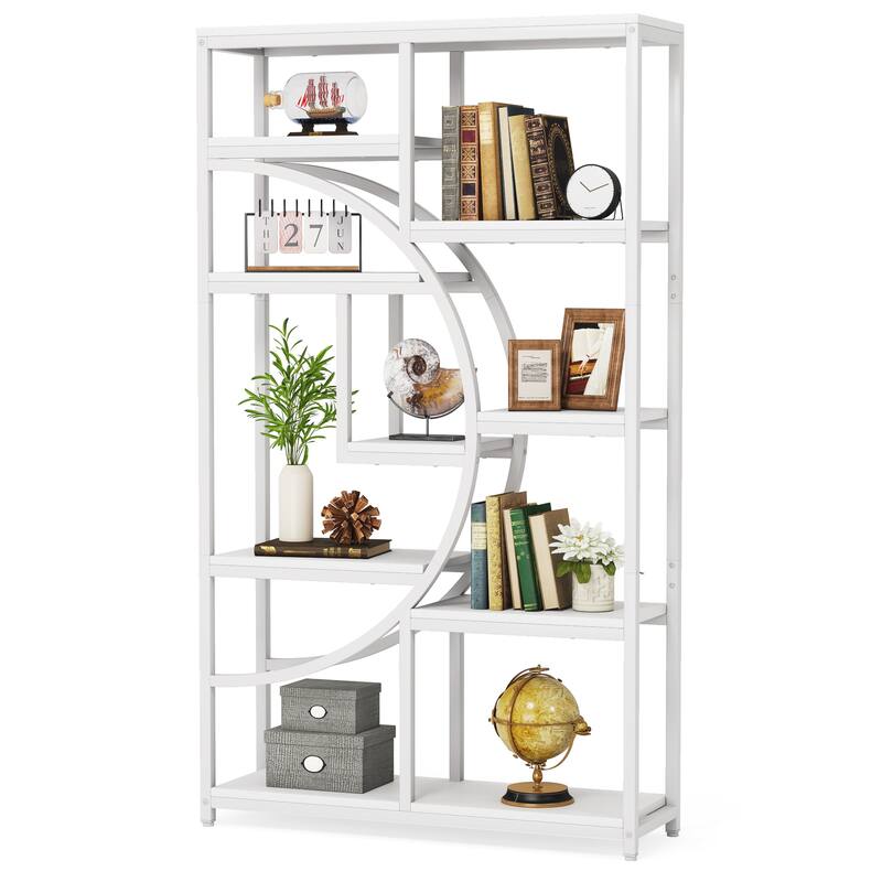 Industrial Etagere Bookcase with 8-Open Storage Shelf, Tall Geometric Book Shelves - white