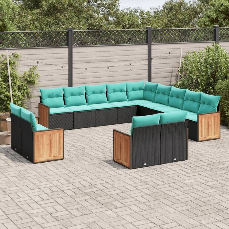 vidaXL 13/14 Piece Patio Sofa Set with Cushions Black/Gray Poly Rattan - 21.7 x 24.4 x 27.2 - Black Without table