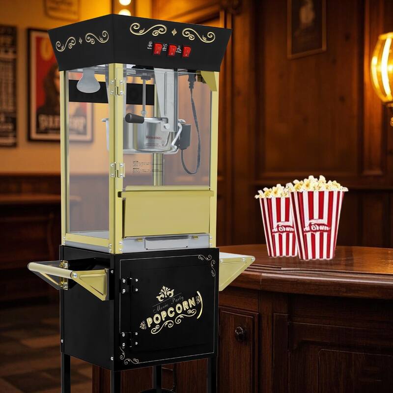 12oz Popcorn Machine Cart, Popcorn Cart with Wheels, Vintage Popcorn Machine with Stainless Steel Kettle