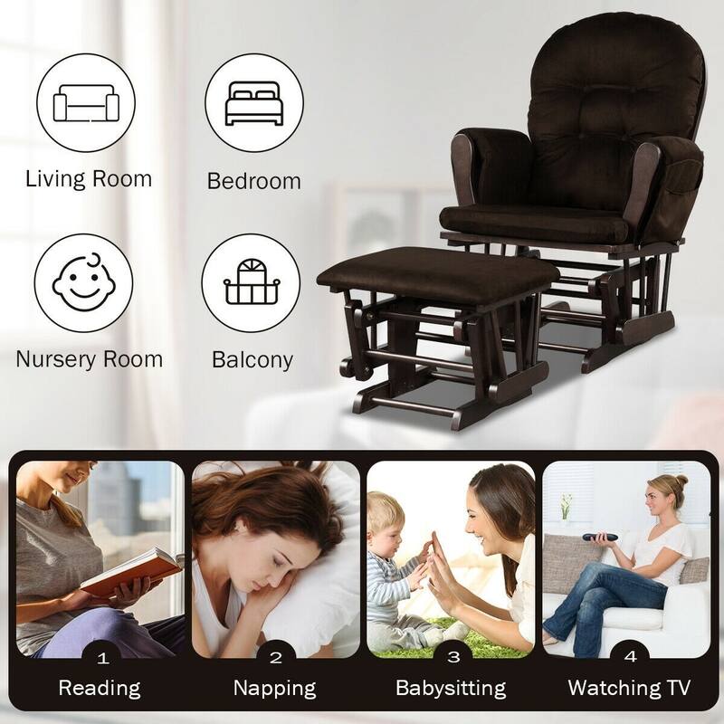 Solid Wood Gliding Chair Set with Pockets and Ottoman for Relaxing