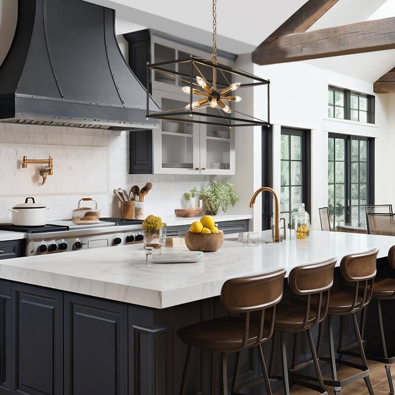 Leno Modern Farmhouse 8-Light Black Gold Rectangle Chandelier Starburst Island Lights for Dining Room - 26" L x 10" W x 14" H