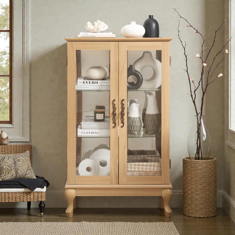 Lighted Curio Cabinet with Tempered Glass Doors, Vintage Display Cabinet with Mirrored Back and Adjustable Shelves - Light Oak