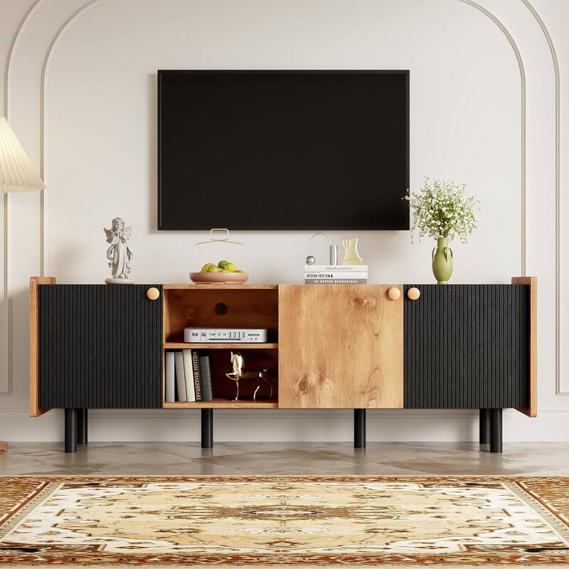 61" Mid-Century TV Stand with 3 Cabinets, Open Storage Media Console for TVs up to 70"