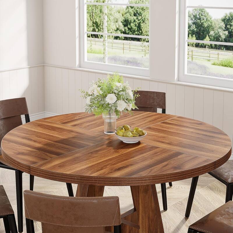 47" Round Wood Dining Table 4-Seater Farmhouse with Wooden Tabletop Cross Base for Dining Room/Kitchen