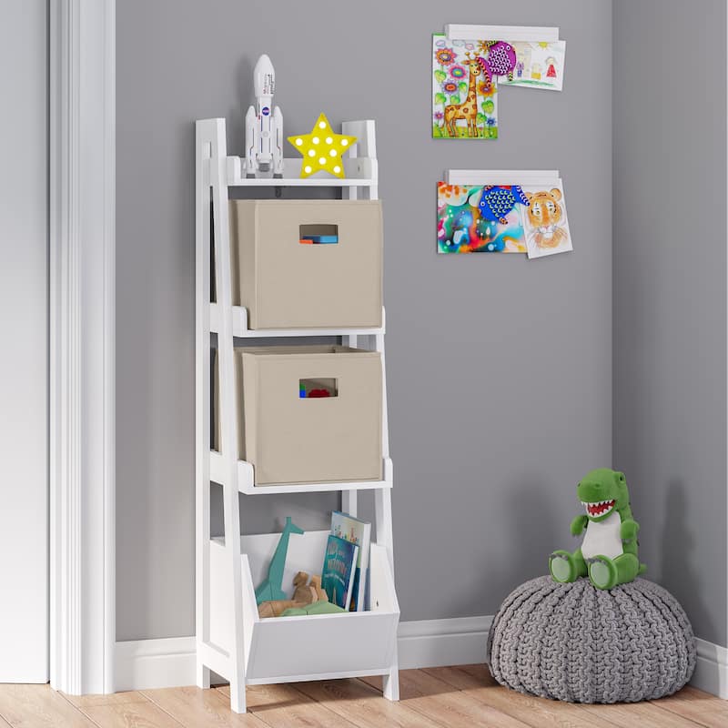 RiverRidge Kids 4-Tier 13in Ladder Shelf Toy Organizer and Book Storage with 3 Open Display Shelf - White