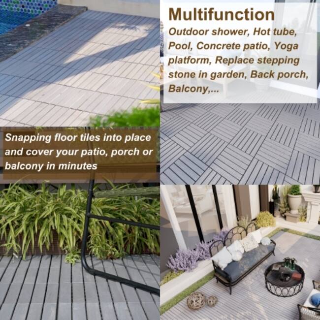 10 PCS Interlocking Deck Tiles Checker Pattern,12" x 12" Light Gray Square Acacia Hardwood Outdoor Flooring