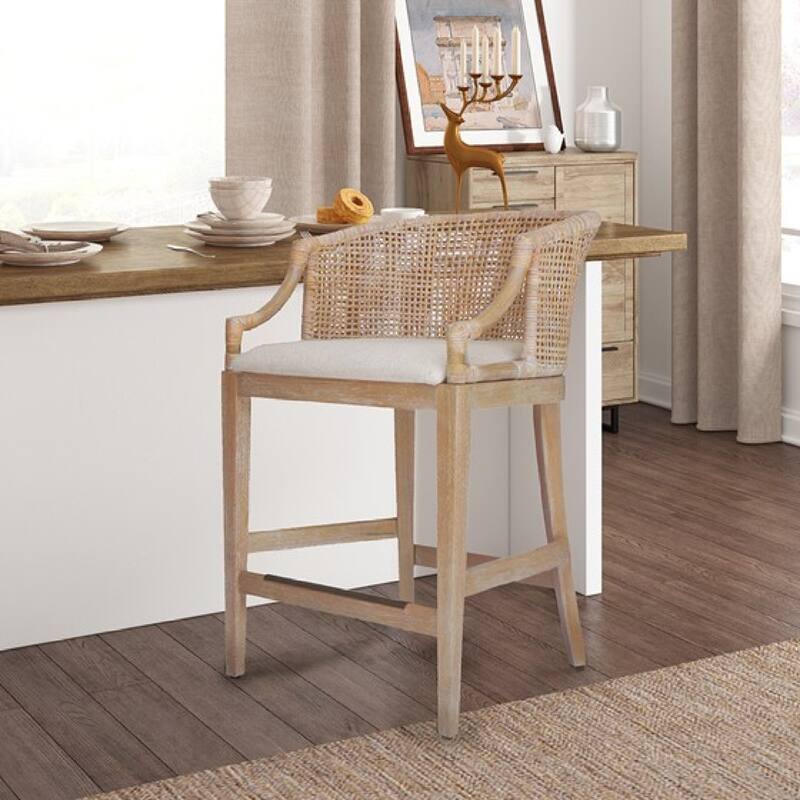 Roomfitters 25-Inch Handcrafted Rattan Counter Stool, Natural Whitewash with Reclaimed Wheat Legs and Bronze Kickplate