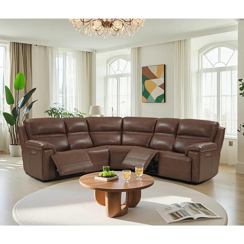 5PCS, 3 power Recliners, Dual-Power Genuine Leather Reclining Sectional with Adjustable Headrest - LightBrown