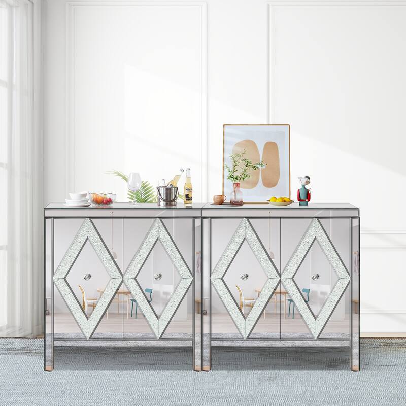 GDFStudio - DiamondLuxe Glam Mirrored Storage Cabinet with Crystal Handles