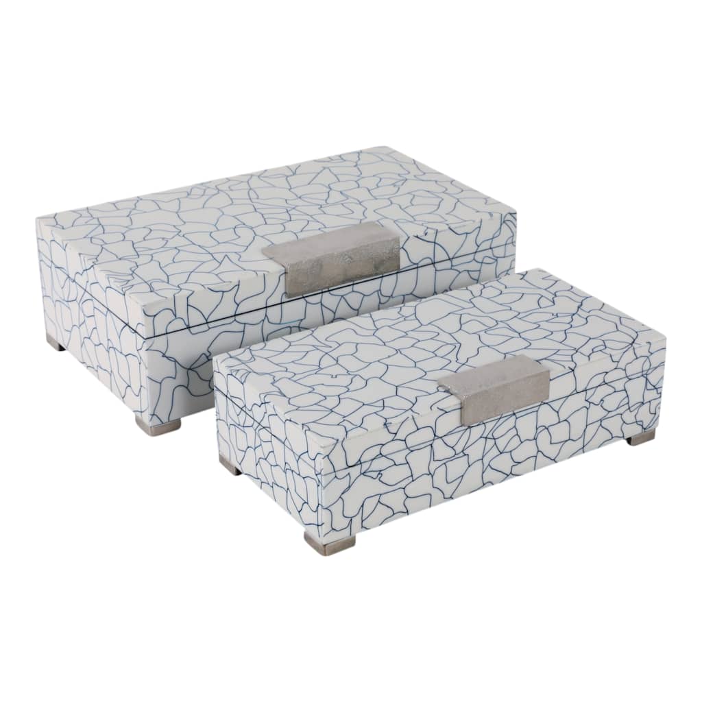 Resin Wood Boxes with Cracked Mosaic Texture (Set of 2) - 5" & 4" Blue - 14" x 8.25" x 4.75"