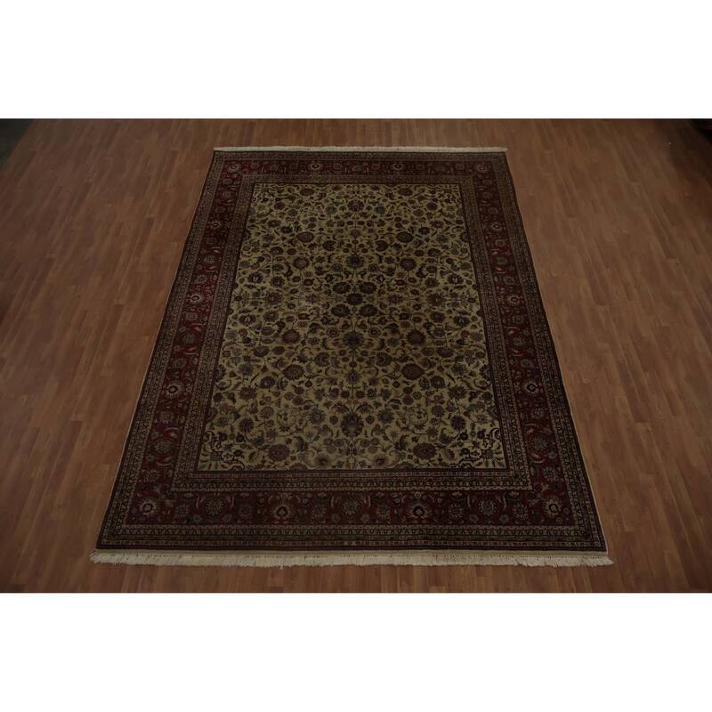 Hand Knotted Oriental 100% Wool Carpet Traditional All-Over Beige & Ivories Kashan Area Rug - 12' 7'' X 9' 1''