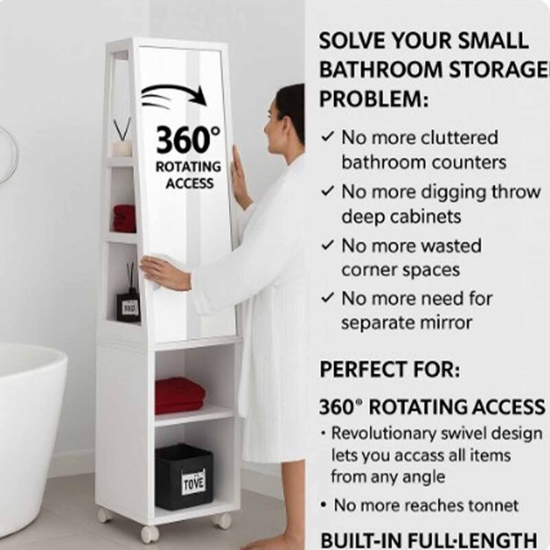 Rotating Bathroom Storage Cabinet with Mirror - 360° Swivel Tower Organizer with Rolling Base & Towel Hooks, White