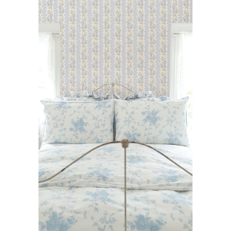 LoveShackFancy Blooming Heirloom Blue Romance Rose Stripe Wallpaper