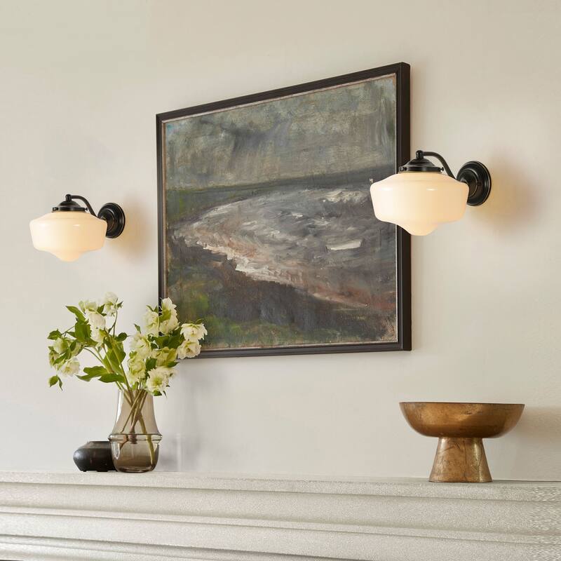 9.8 in. 1-Light Matte Black/Gold Dimmable Wall Sconce With White SchoolHouse Glass
