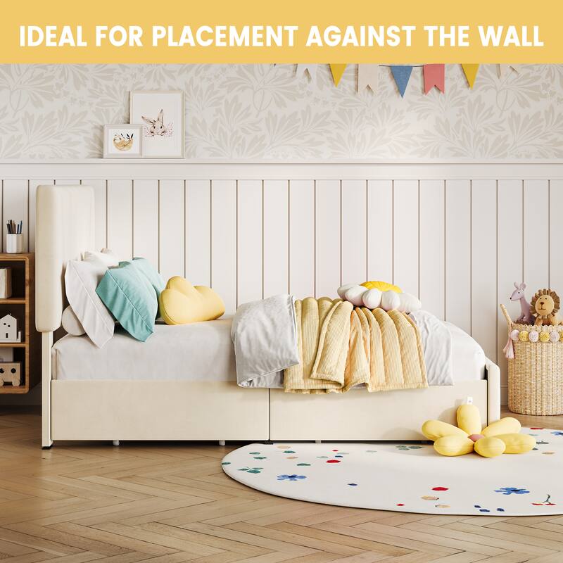 Twin Size Bed Frame with Adjustable Headboard and 2 Storage Drawers