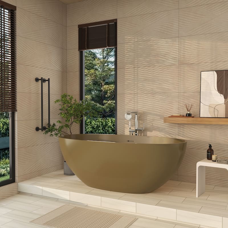 61 in. Freestanding Solid Surface Soaking Bathtub in Camel, Modern Design with Center Drain