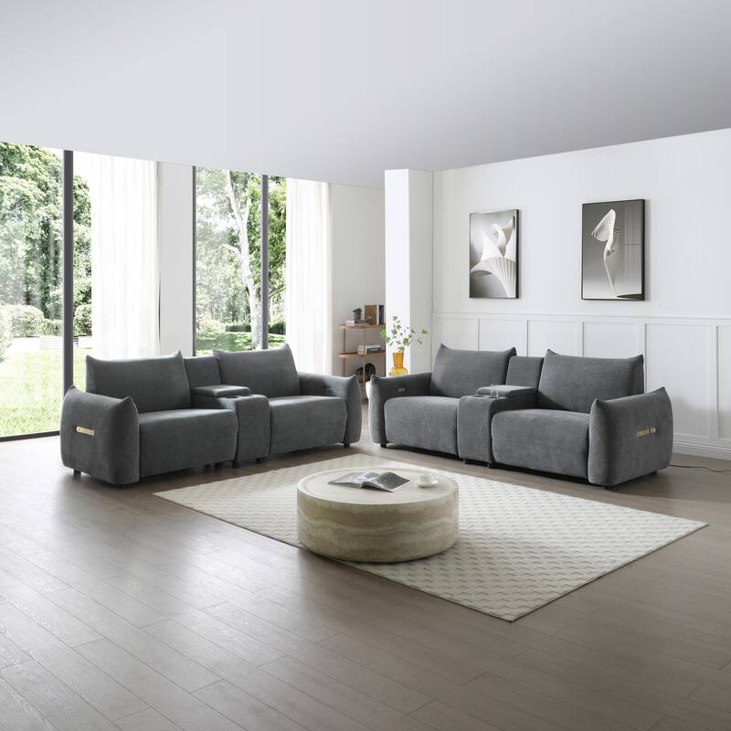 Linen 5-Seater Recliner Sofa Set with USB & Storage Console