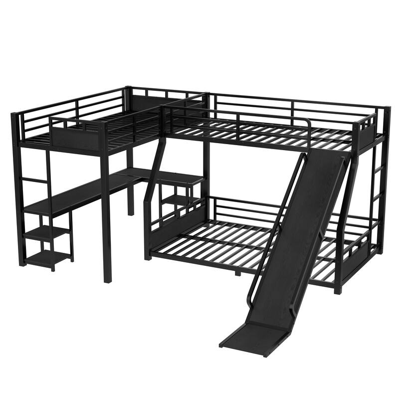 L-Shaped Metal Triple Bunk Bed with Slide, Built-in Desk, Storage Shelves and USB Charging Port