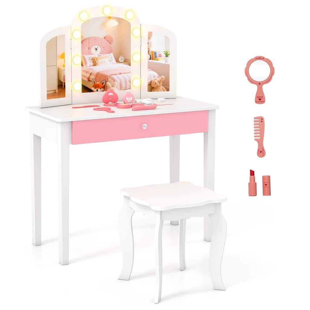 Gymax Kids Vanity Table Set 2-in-1 Princess Makeup Dressing Desk