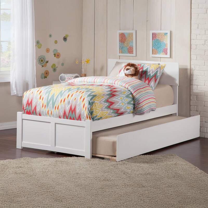 Orlando Platform Bed with Footboard and Twin Trundle Bed - White - Twin