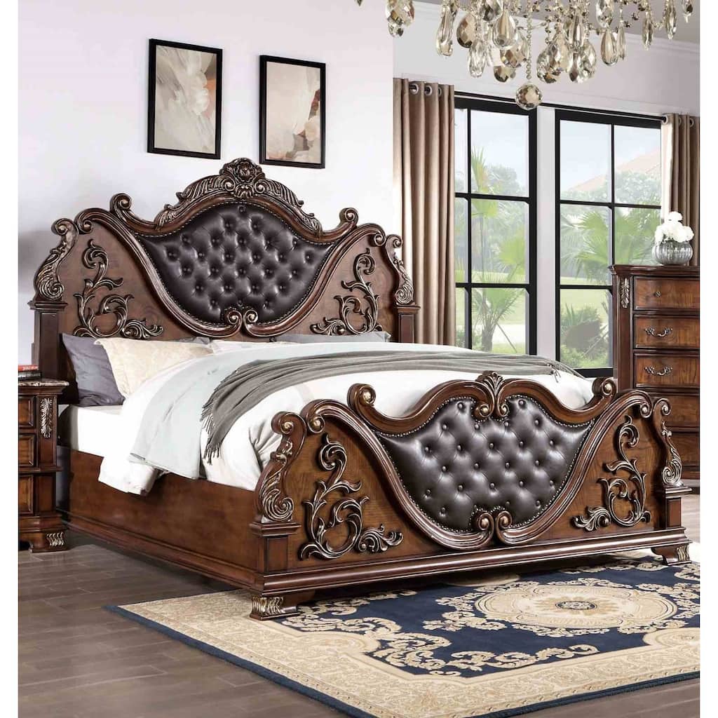 Luxury Brown Cherry Finish 1PC Button Tufted Bed