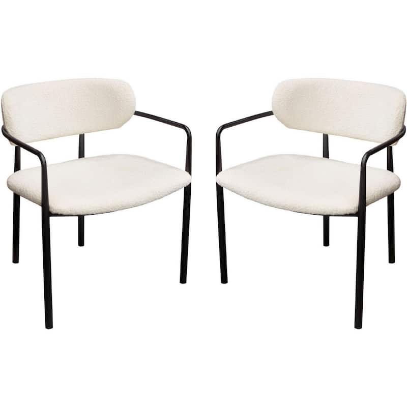 Oke 26 Inch Padded Dining Chair, Set of 2, Black, Ivory Boucle Upholstery