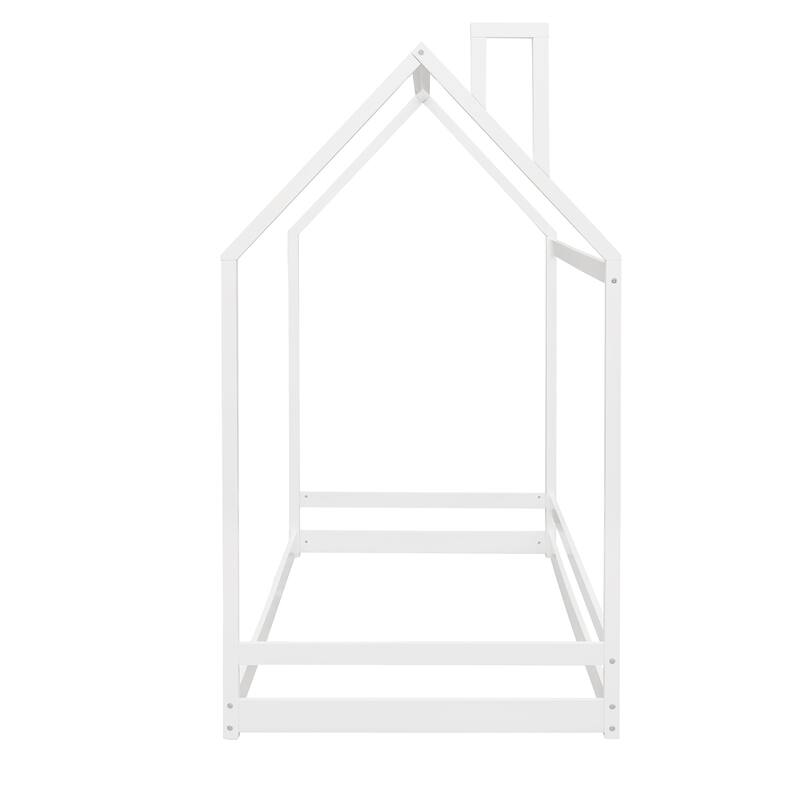 Kids Twin House Bed with Roof, Semi-Enclosed Play Area, and Sturdy Pine Frame