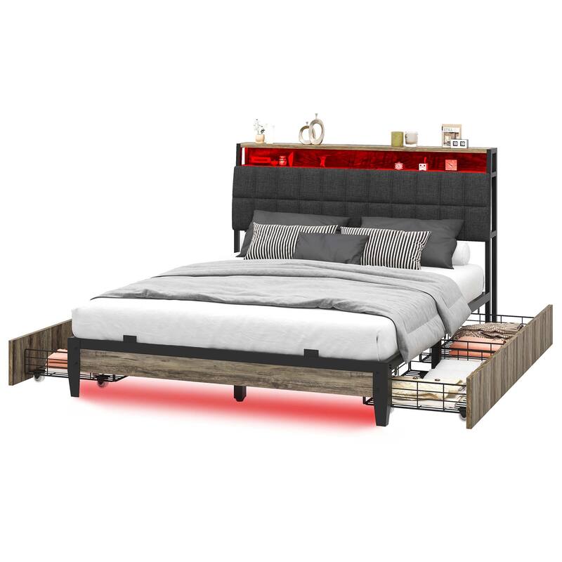 Moasis Rustic Grey Storage Platform Bed Frame with Storage Headboard with Power Outlets and 4 Drawers