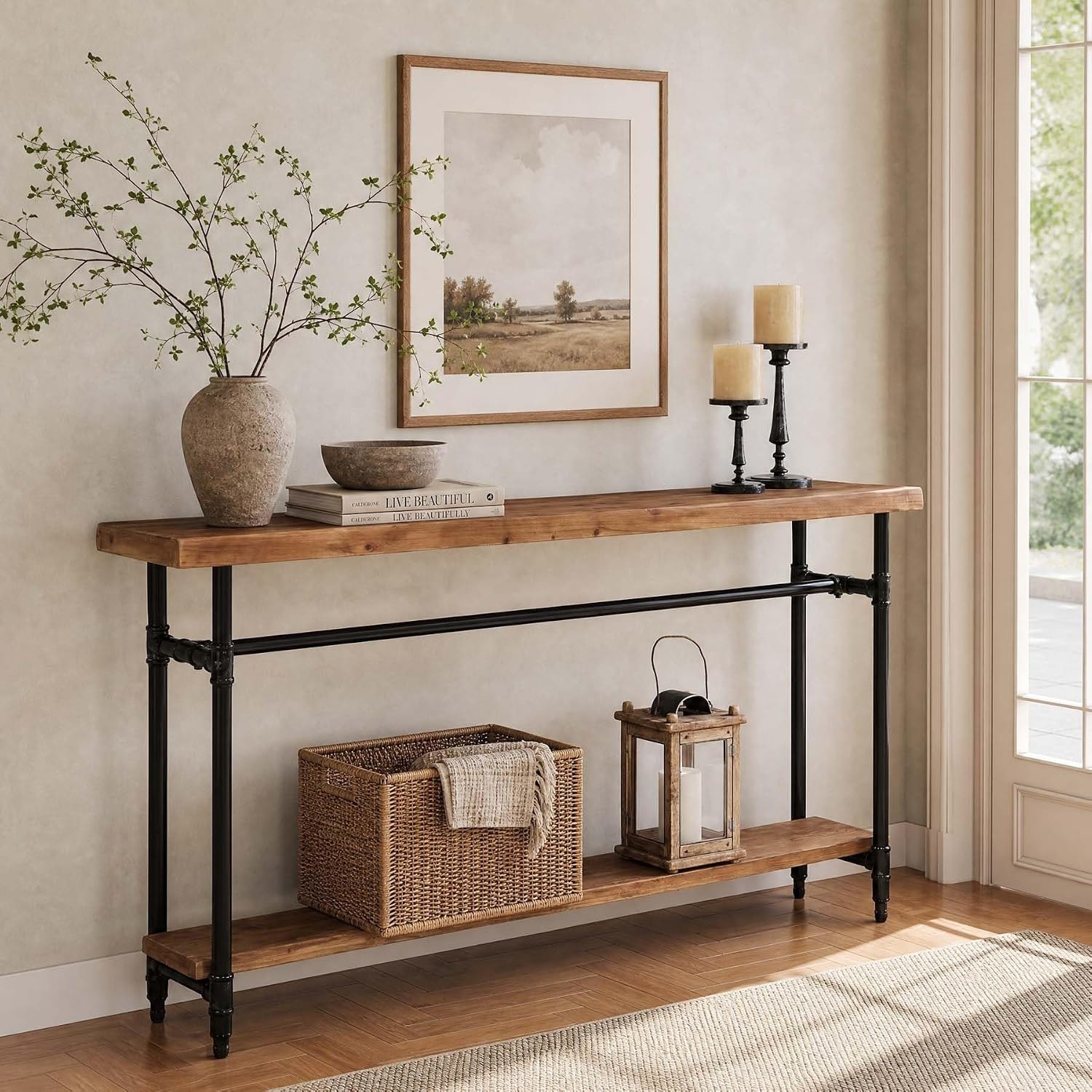 63-Inch Solid Wood Console Table, Industrial Entryway Table