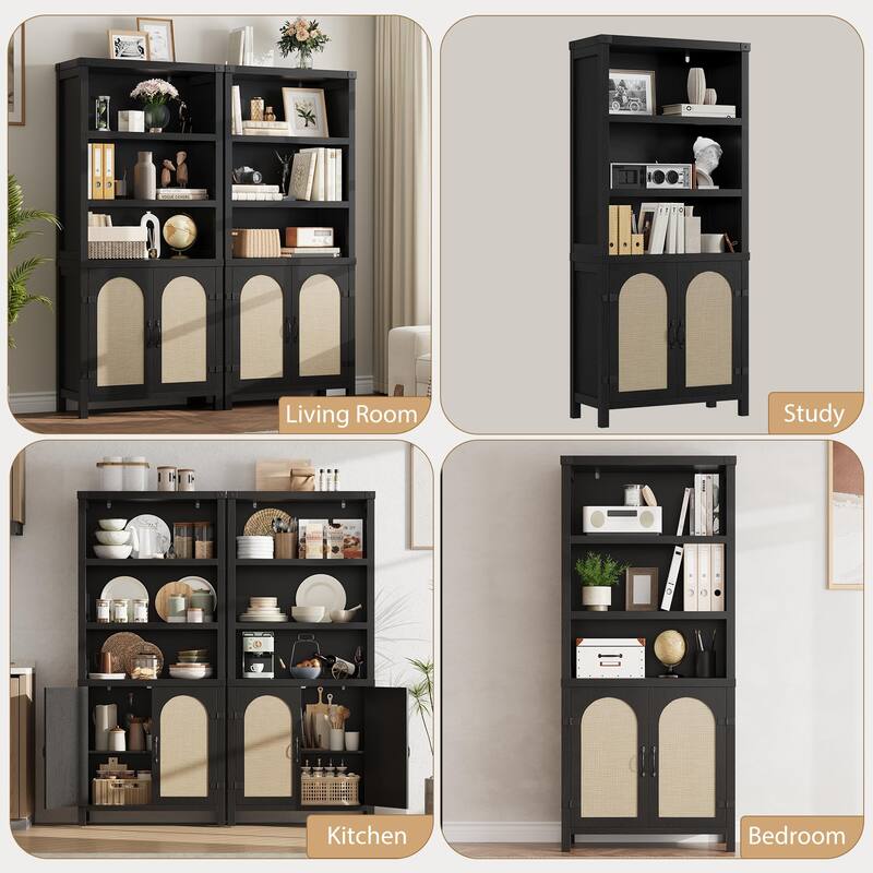 Farmhouse Bookshelves and Bookshelves with Door, 70" High Bookshelves with Three Levels of Open Storage