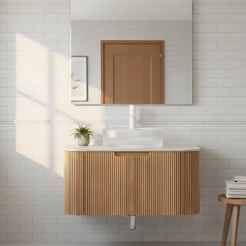 Floating Bathroom Vanity with Transparent Round Glass Basin - 30 - Light Natural Wood
