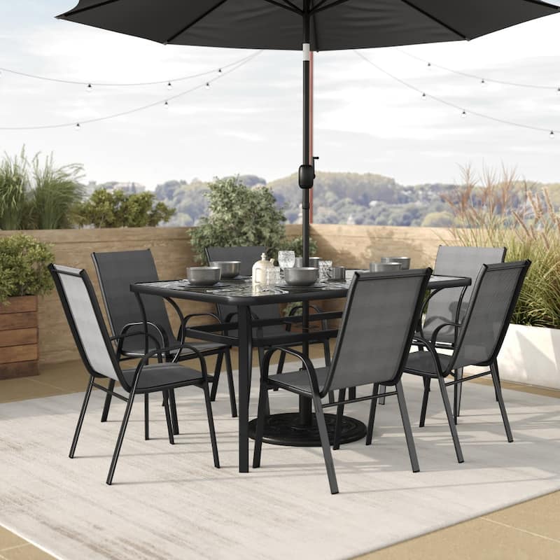 7 Piece Patio Dining Table and Chairs Set with Glass Table and 6 Chairs - Gray