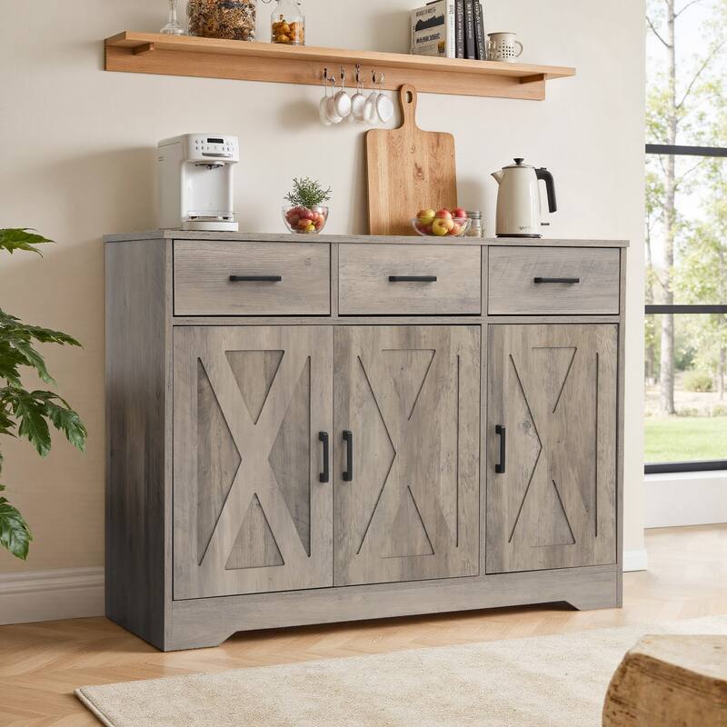 Barn Door Buffets Storage Cabinet Sideboards with 3 Drawers
