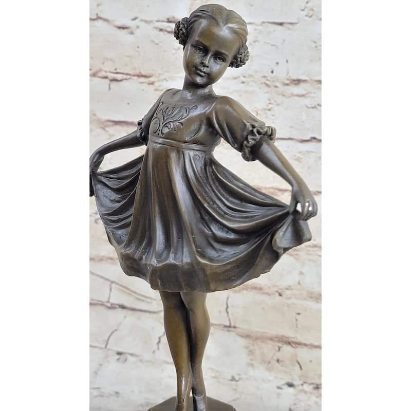 Curtsying Ballerina Girl Ballet Dancer Child Bronze Sculpture Statue Figure On Green Marble Base
