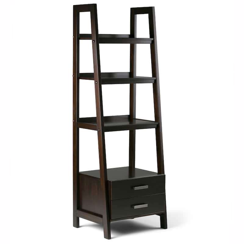 WYNDENHALL Hawkins SOLID WOOD 72 inch x 24 inch Modern Industrial Ladder Shelf with Storage - 24"w x 20"d x 72"h