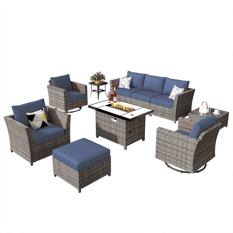HOOOWOOO 10-piece Wicker Patio Furniture Outdoor Sectional Sofa Set with Fire Pit