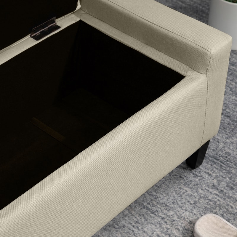 Beige Linen Upholstery Storage Ottoman with Rubberwood Legs and Soft Foam Seat for Living Room or Bedroom